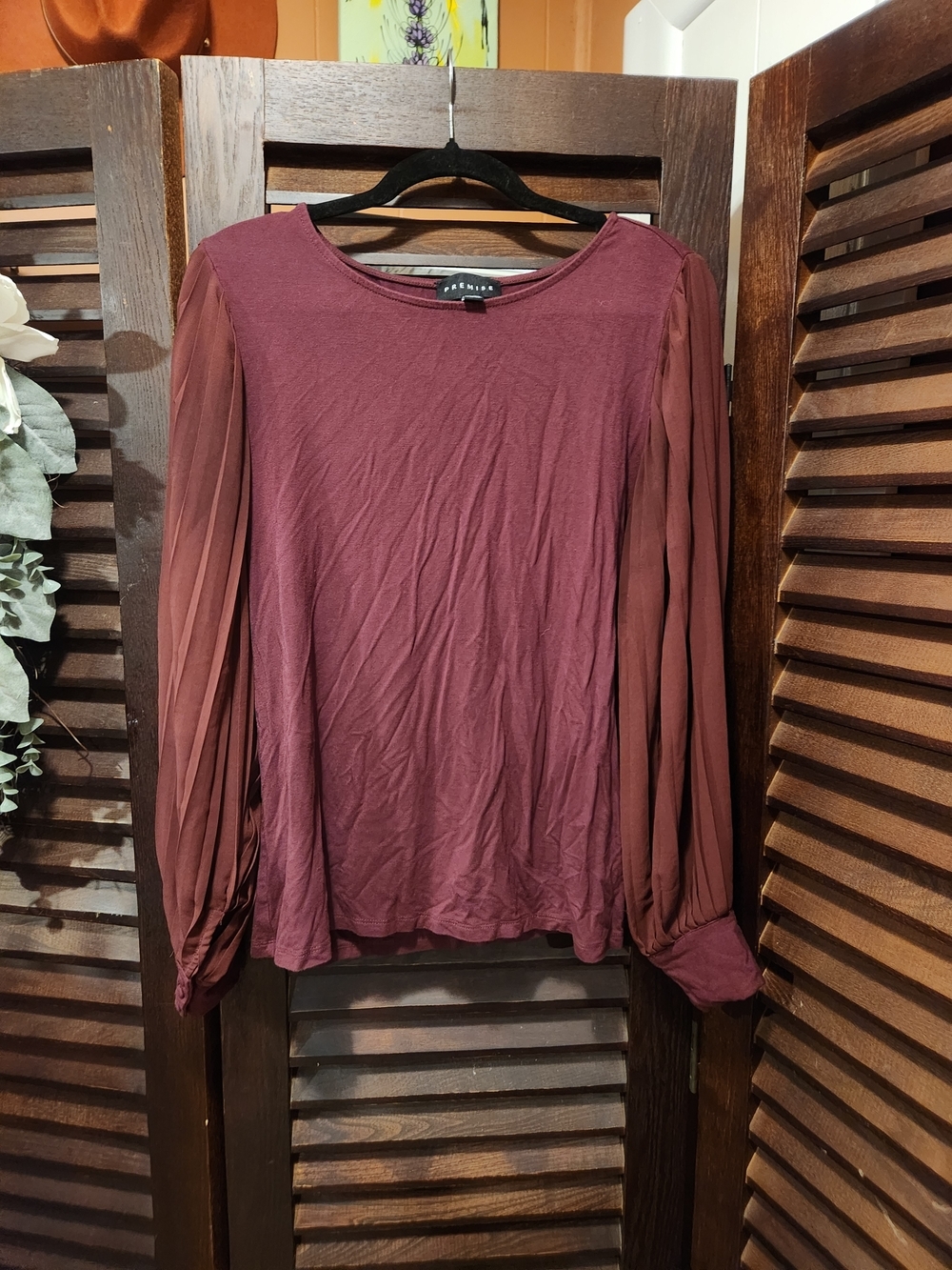 Premise Women's Pleated Sheer Long Sleeve Blouse - Burgundy